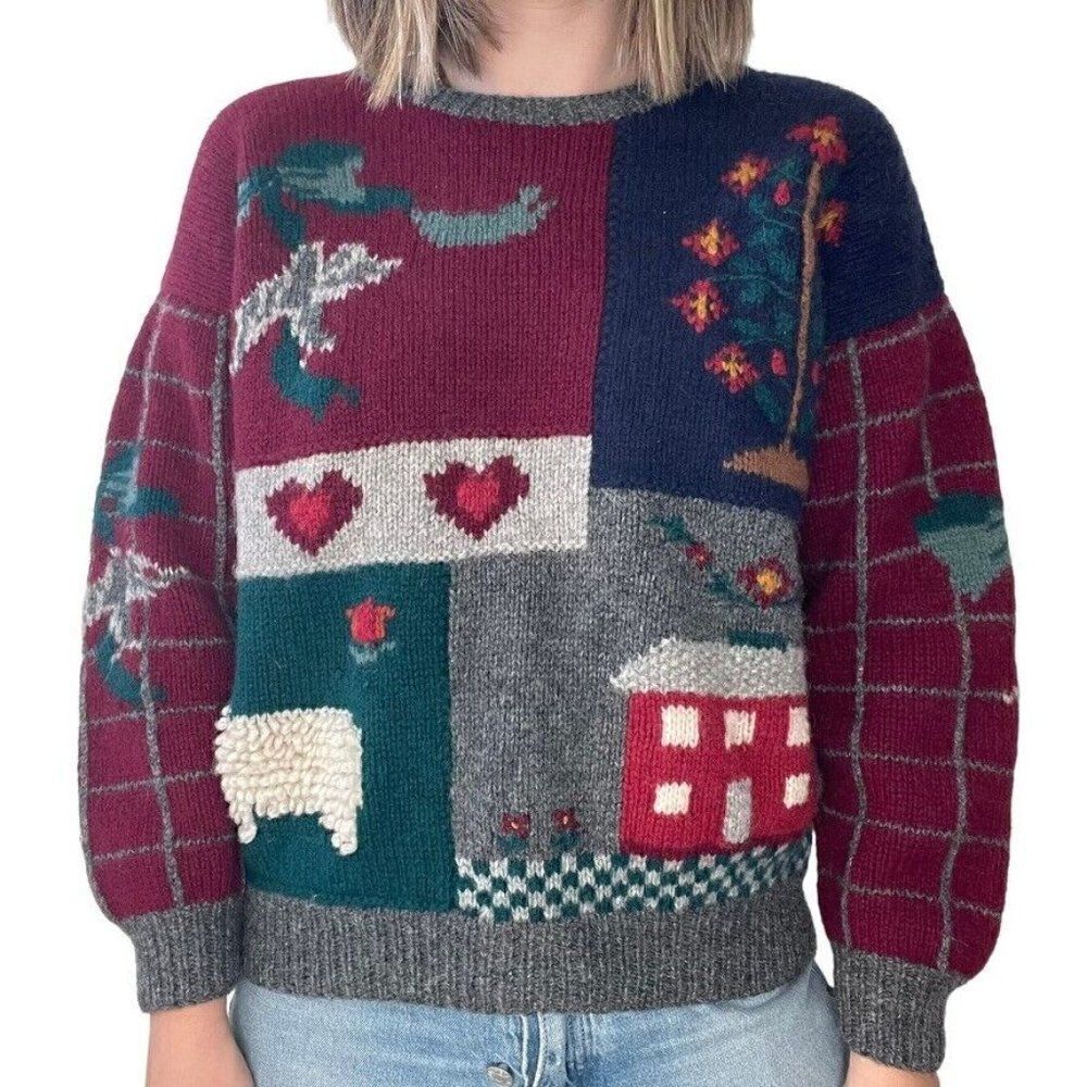 Vintage Womens Deans of Scotland Hand Knit Cottagecore Farm Scene Wool Sweater